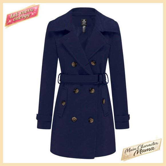 Women's Double Breasted Pea Coat with Belt Windproof Wool Blend Mid-Long